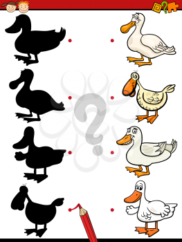 Cartoon Illustration of Education Shadow Task for Preschool Children with Ducks Farm Animal Characters