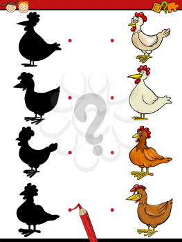Cartoon Illustration of Education Shadow Task for Preschool Children with Hens Farm Animal Characters