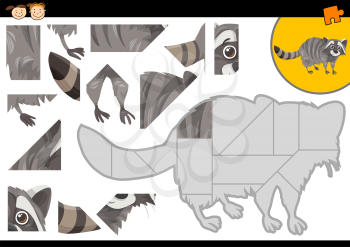 Cartoon Illustration of Educational Jigsaw Puzzle Task for Preschool Children with Raccoon Animal Character