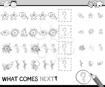 Black and White Cartoon Illustration of Completing the Pattern Educational Task for Preschool Children with Sea Animal Characters