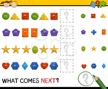 Cartoon Illustration of Completing the Pattern Educational Task for Preschool Children with Basic Geometric Shapes