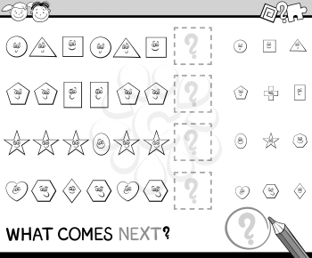 Black and White Cartoon Illustration of Completing the Pattern Educational Task for Preschool Children with Geometric Shapes