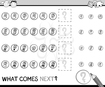 Black and White Cartoon Illustration of Completing the Pattern Educational Task for Preschool Children with Emoticons