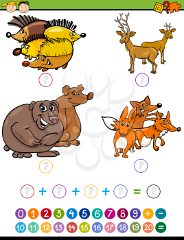 Cartoon Illustration of Education Mathematical Addition Task for Preschool Children with Forest Animals