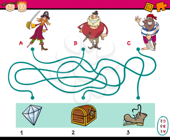 Cartoon Illustration of Education Paths or Maze Puzzle Game for Preschool Children with Pirates