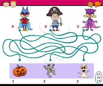 Cartoon Illustration of Education Paths or Maze Puzzle Task for Preschoolers with Children and Halloween Themes