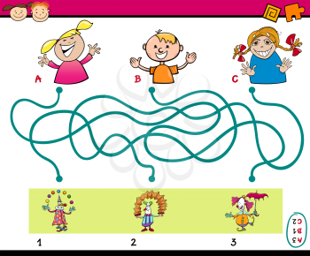 Cartoon Illustration of Education Paths or Maze Puzzle Task for Preschoolers with Children and Clowns