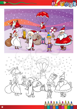Cartoon Illustration of Santa Claus Characters Group on Christmas Time for Coloring Book