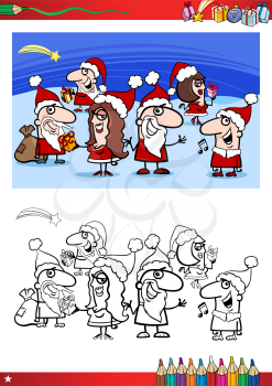 Coloring Book Cartoon Illustration of Santa Claus Characters Group or Happy People on Christmas Time