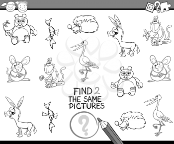 Black and White Cartoon Illustration of Finding the Same Picture Educational Task for Preschool Children with Animal Characters for Coloring Book