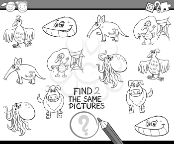 Black and White Cartoon Illustration of Looking for the Same Picture Educational Task for Preschool Children with Animal Characters for Coloring Book