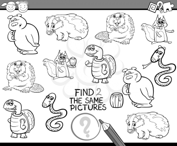 Black and White Cartoon Illustration of Looking for the Same Picture Educational Task for Preschool Children with Animal Characters for Coloring Book