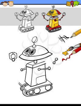 Cartoon Illustration of Finishing and Coloring Educational Task for Preschool Children with Robot Fantasy Character
