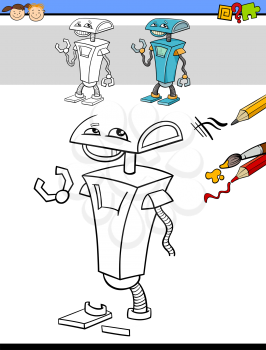 Cartoon Illustration of Drawing and Coloring Educational Task for Preschool Children with Robot Fantasy Character