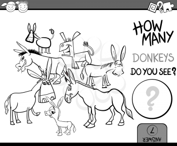 Cartoon Illustration of Education Counting Game for Coloring Book with Donkeys