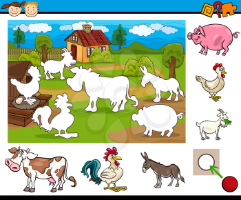 Cartoon Illustration of Educational Kindergarten Task for Preschool Children with Farm Animal Characters