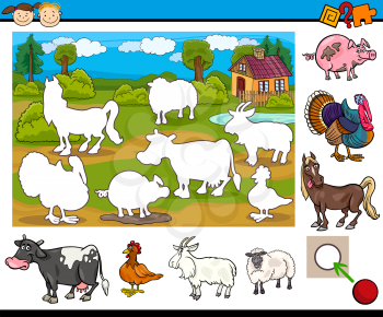 Cartoon Illustration of Educational Matching Task for Preschool Children with Farm Animal Characters