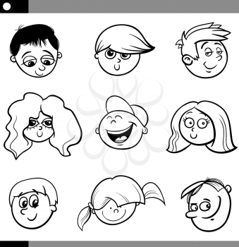 Black and White Cartoon Illustration of Cute Children Boys and Girls Faces Set 