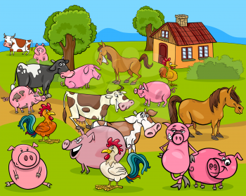 Cartoon Illustration of Country Scene with Farm Animals