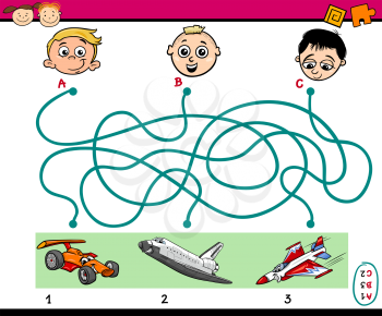 Cartoon Illustration of Education Paths or Maze Puzzle Task for Preschoolers with Boys and Vehicles