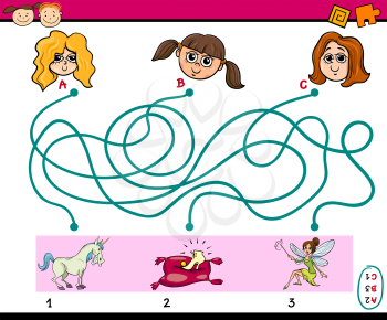 Cartoon Illustration of Education Paths or Maze Puzzle Task for Preschoolers with Girls and Fantasy Characters