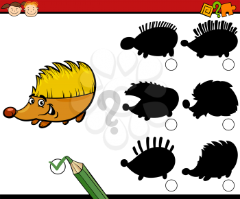 Cartoon Illustration of Educational Shadow Task for Preschool Children with Hedgehog Animal Character