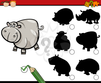 Cartoon Illustration of Educational Shadow Task for Preschool Kids with Hippo Animal Character