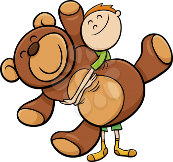 Cartoon Illustration of Cute Boy with Big Cuddly Teddy Bear