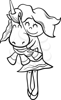 Black and White Cartoon Illustration of Cute Little Girl with Toy Unicorn for Coloring Book