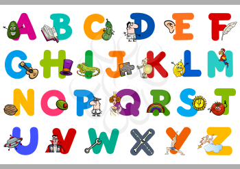 Cartoon Illustration of Capital Letters Alphabet Educational Set for Preschool Children