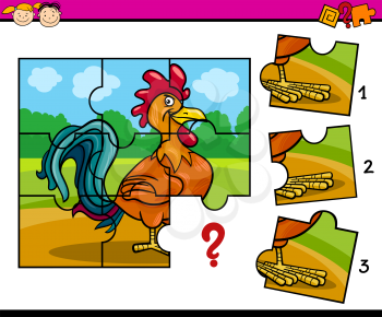 Cartoon Illustration of Jigsaw Puzzle Education Task for Preschool Children with Farm Rooster