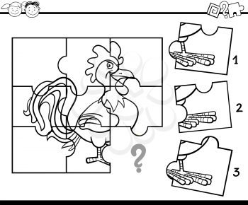 Black and White Cartoon Illustration of Jigsaw Puzzle Education Game for Preschool Children with Rooster for Coloring