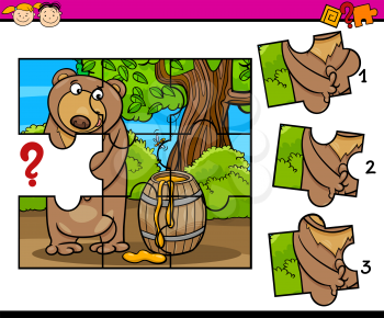 Cartoon Illustration of Jigsaw Puzzle Educational Task for Preschool Children with Bear Animal Character