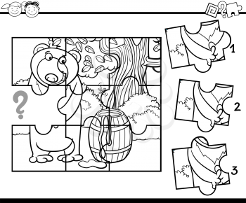Black and White Cartoon Illustration of Jigsaw Puzzle Educational Task for Preschool Children with Bear for Coloring