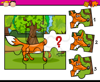 Cartoon Illustration of Jigsaw Puzzle Educational Task for Preschool Children with Fox Animal Character