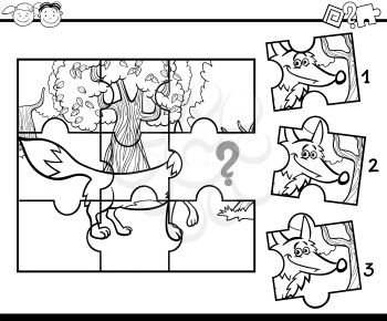 Black and White Cartoon Illustration of Jigsaw Puzzle Educational Game for Preschool Children with Fox for Coloring