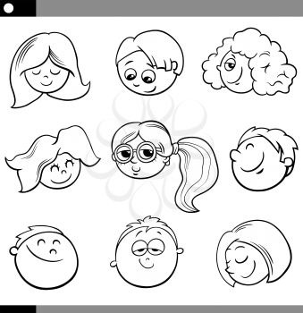 Black and White Cartoon Illustration of Cheerful Kids Faces Set