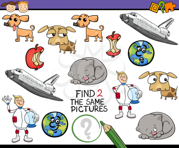 Cartoon Illustration of Find Identical Picture Educational Task for Preschool Children with Comic Characters