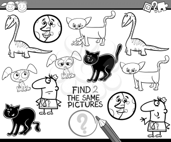 Black and White Cartoon Illustration of Find the Same Picture Educational Game for Preschool Children with Funny Characters for Coloring Book