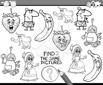 Black and White Cartoon Illustration of Find the Same Picture Educational Task for Preschool Children with Comic Characters for Coloring Book