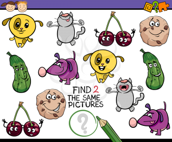Cartoon Illustration of Find the Equal Picture Educational Task for Preschool Kids with Funny Characters