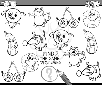 Black and White Cartoon Illustration of Find the Equal Picture Educational Task for Preschool Kids with Funny Characters for Coloring Book