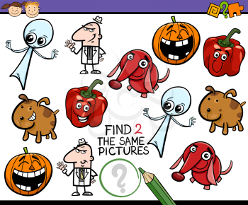 Cartoon Illustration of Find Identical Picture Educational Task for Preschool Children with Comic Characters