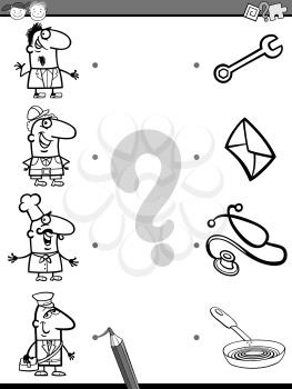 Cartoon Illustration of Education Element Matching Task for Preschool Children with People Occupations Coloring Book
