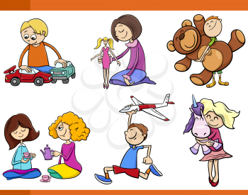 Cartoon Illustration of Kids with Toys Set