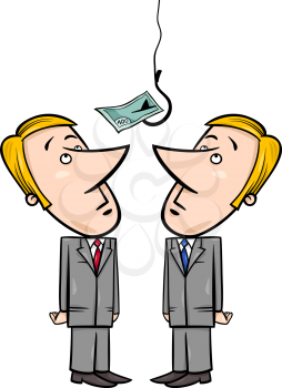 Concept Cartoon Illustration of Two Businessmen Looking up on Money Bait on Fishing Hook