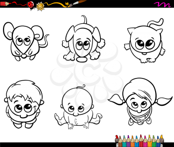 Black and White Cartoon Illustration of Cute Children and Pets Characters Set for Coloring Book