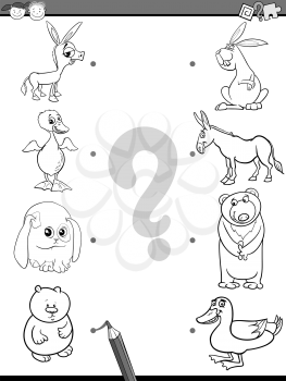 Black and White Cartoon Illustration of Education Element Matching Game for Preschool Children with Baby Animals and their Mothers Coloring Book