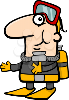 Cartoon Illustration of Funny Scuba Diver in Diving Suit