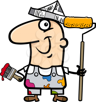 Cartoon Illustration of Funny House Painter Worker 